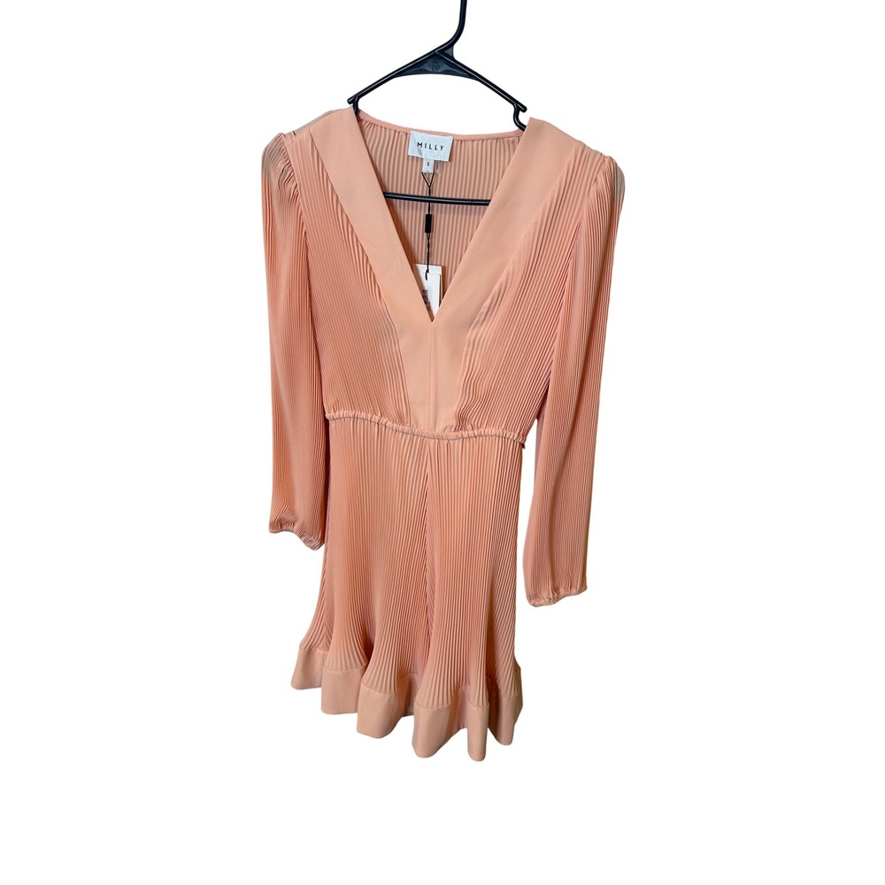 Milly Liv Solid Pleat Dress Peach Rose V-Neck Long Sleeve Mini 15WD75 Size 0 NEW